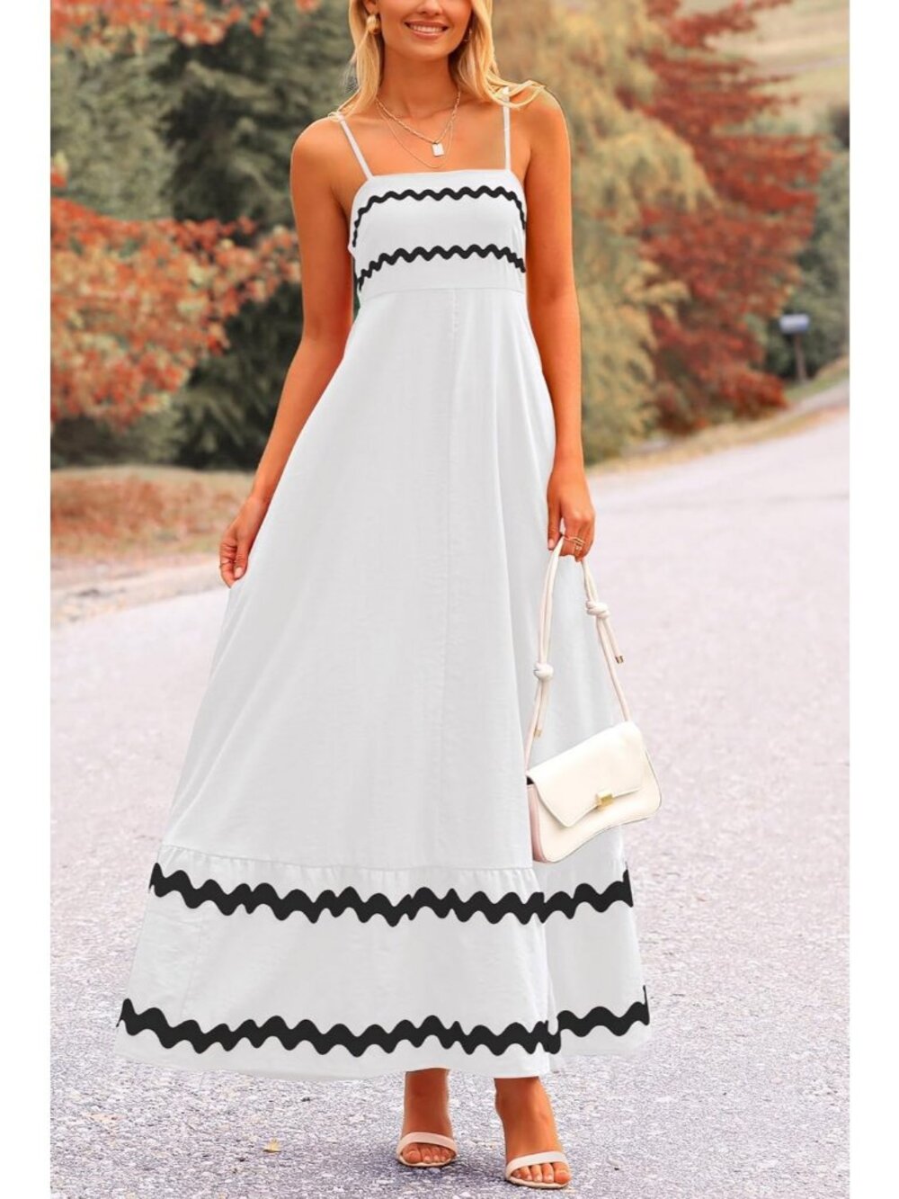 Women's White Sleeveless Square Neck High Waist Imported Causal Maxi Dress - Picture 4 of 6